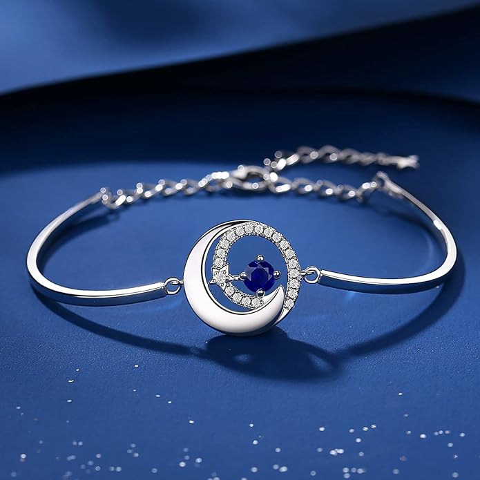 FANCIME Birthstone Bracelets 925 Sterling Silver Moon and Star Bangle Charm Bracelet Fine Jewelry Birthday Anniversary Christmas Day Gift for Her Women, Adjustable Chain 6.7"+1.2" Extend