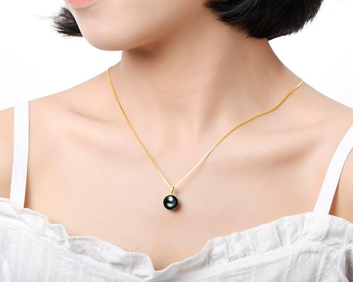 DENGGUANG 18K Gold Natural Black Pearl Pendant Necklace Pendant with Diamond 10-11mm Genuine Tahitian Cultured Round Pearls Jewelry Gifts for Women with 18" Silver Chain