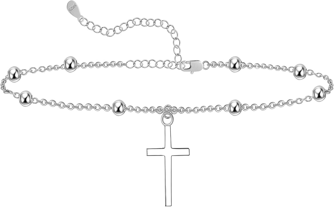 CHIC & ARTSY 925 Sterling Silver Ankle Bracelet Multilayer Anklets for Women Satellite, Star, Cross, Circle, Butterfly, Teardrop, Oval Disk Layered Anklet Beach Jewelry