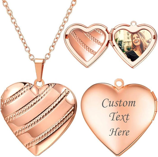 U7 Women Locket Necklace Platinum 14K Gold Photo Lockets that Hold Picture,Chain 20 Inch Personalized Gift Custom Love Heart Image Necklaces