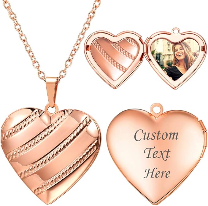U7 Women Locket Necklace Platinum 14K Gold Photo Lockets that Hold Picture,Chain 20 Inch Personalized Gift Custom Love Heart Image Necklaces