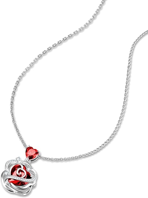 FANCIME Thornless Pulse Birthstone Necklace for Women Sterling Silver Rose Pendant Fine Jewelry Gemstone Birthday Valentines Day Gifts for Wife Her