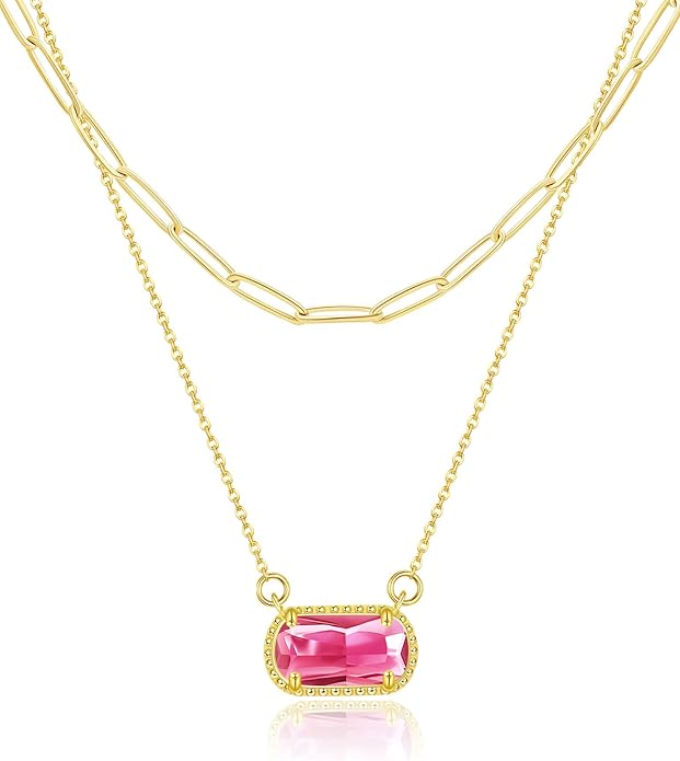 Lourny Gemstone Birthstone Pendant Layered Necklace for Women Trendy, 18K Gold Plated Paperclip Chain Preppy Choker Charm Necklace for Women Wife Jewelry
