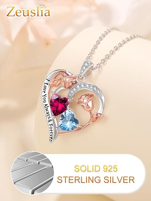 Zeuslia Double Birthstone Necklace Gifts for Wife - 925 Sterling Silver Sunflower/Rose/Crown Cross/Compass/Heart Pendant I Love You Necklace, Anniversary Birthday Gifts for Wife Girlfriend Mom Her