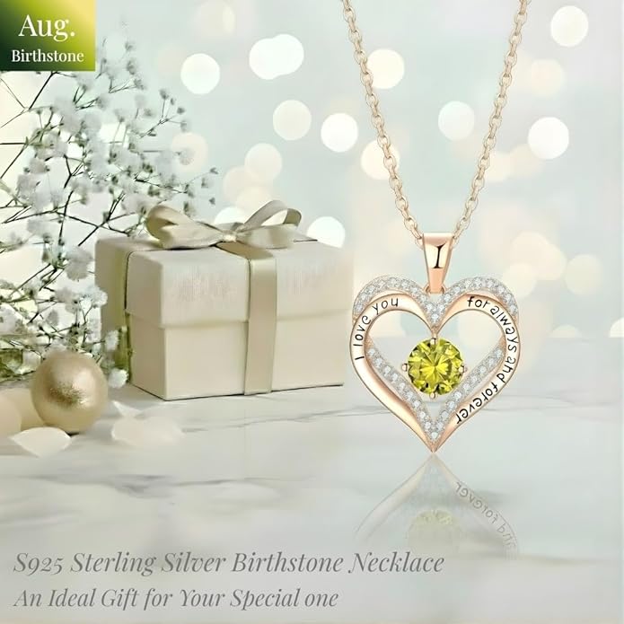 Birthstone Heart Necklace for Women Wife Girlfriend Mom Daughter Gifts S925 Silver Jewelry For Anniversary Rose Gold Gifts For Birthday Christmas Mothers Valentines Day