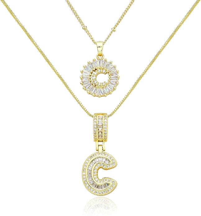 14K Gold Plated Initial Letter Pendant Necklace, Cubic Zirconia Crystal, Copper Chain