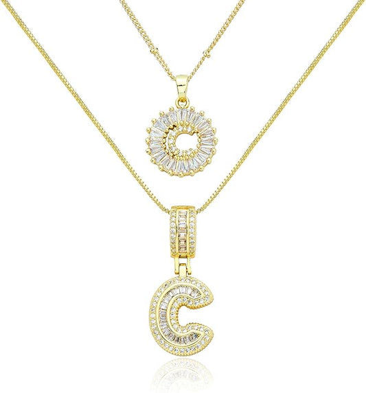 14K Gold Plated Initial Letter Pendant Necklace, Cubic Zirconia Crystal, Copper Chain