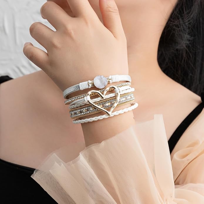 Rantanto Braid Leather Wrap Bracelet Trendy Stackable Crystal Cuff Boho Gold Heart Bracelet Jewelry Gift For Women