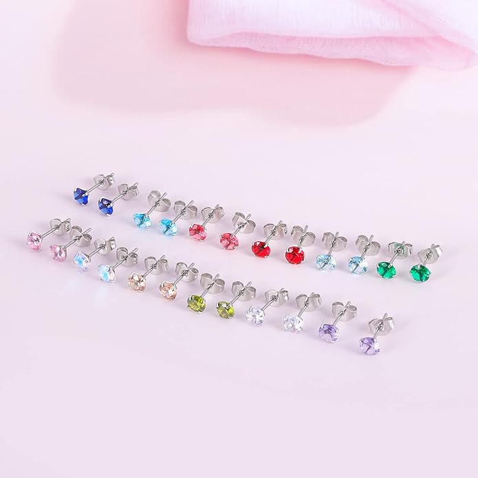 12 Pairs 18K Gold Plated Surgical Stainless Steel Stud Earrings, Star Heart Square Stud Earring for Women, Cubic Zirconia Birthstone Stud Earrings Set