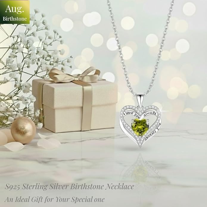 Birthstone Heart Necklace for Women Wife Girlfriend Mom Daughter Gifts S925 Silver Jewelry For Anniversary Rose Gold Gifts For Birthday Christmas Mothers Valentines Day