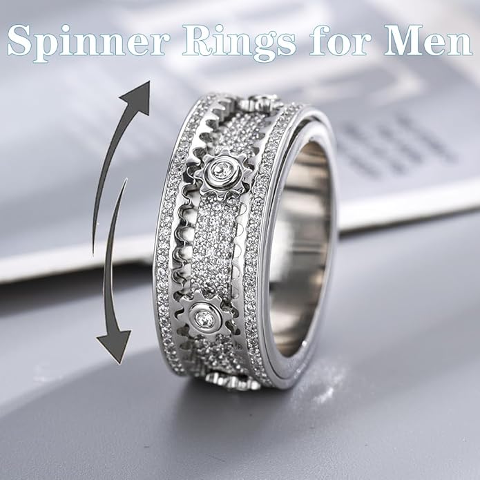 BEIBEINOYA Men's Spinner Ring for Anxiety - 14K Gold Plated Rotating Gear Ring with Moissanite, Kinetic Mechanical Jewelry, Stress Relief Fidget Ring for Men, Unique Gifts for Him