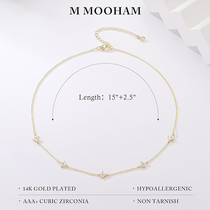 M MOOHAM Gold Clover Heart Pearl Butterfly Star flower Choker Necklace for Women - Dainty 14K Gold Plated Cubic Zirconia Cute Station Necklaces for Women Trendy Prom Jewelry Gifts