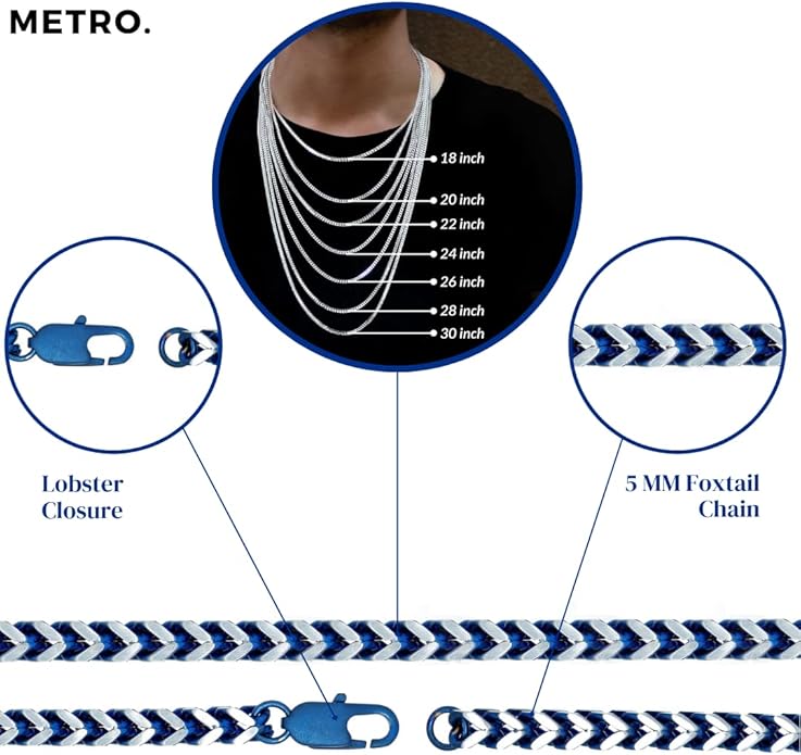 Metro Jewelry Foxtail Chain Necklace for Men in Stainless Steel with Black, Blue or Yellow Gold Ion Plated 5 MM Wide 18 to 30 Inches Long with Lobster Claw