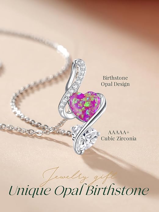 LOUISA SECRET 925 Sterling Silver Opal Birthstone Necklace, Unique Tiny Double Heart Pendant Jewelry, Engraved with "S925 I Love You" Best Birthday Gift for Women Wife Girlfriend Mom Her, Christmas Day Valentine's Day Anniversary Mother's Day