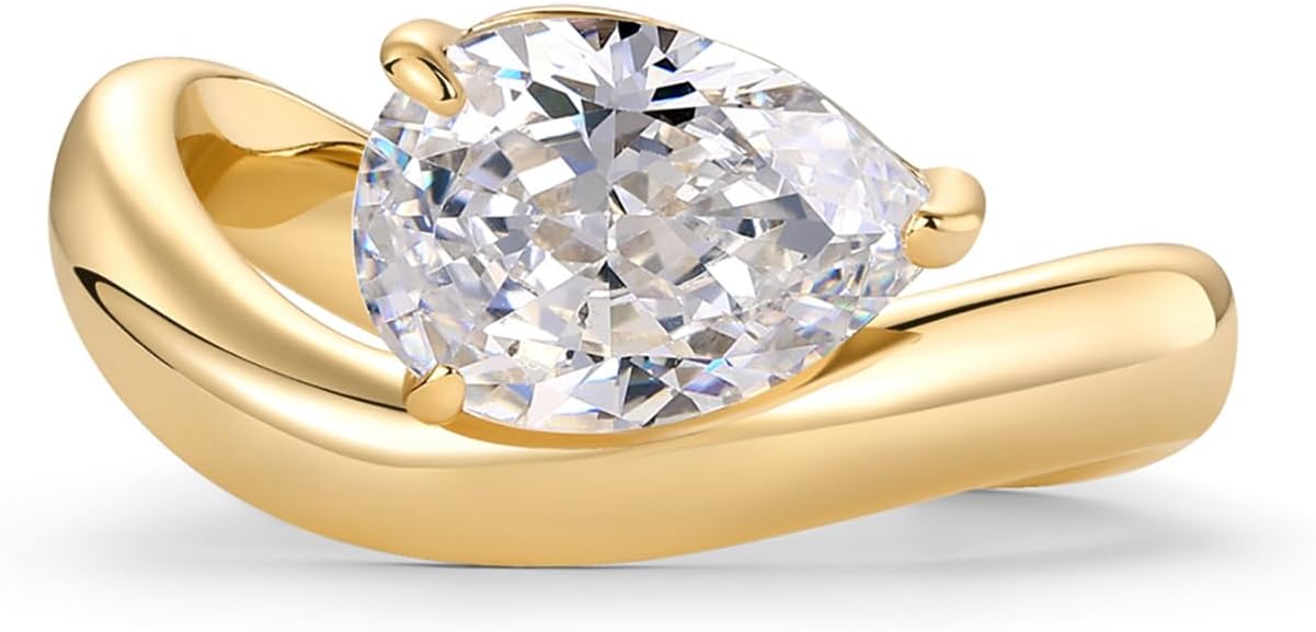 PAVOI 14K Gold Plated Wavy Engagement Ring for Women | Solitaire Cubic Zirconia Wedding Band & Promise Rings for Her | Trendy Fashion Jewelry