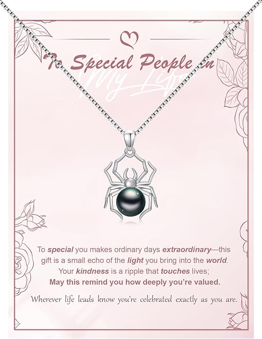 Tahitian Black Pearl 9MM AAAA 18K White Gold Plated Sterling Silver Spider Pendant Necklace for Women Wife Mom Girlfriend Her Jewelry Gift for Anniversary Birthday Halloween