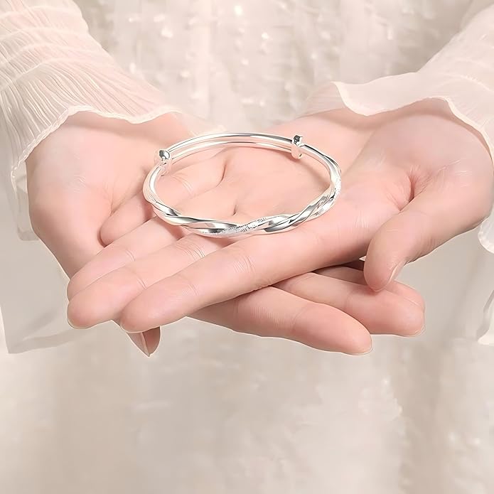 S925 Silver Bangle Bracelet for Women, Elegant Women‘s Sterling Silver Bracelet Bangle Adjustable 6.4-7.8 inches Small Size