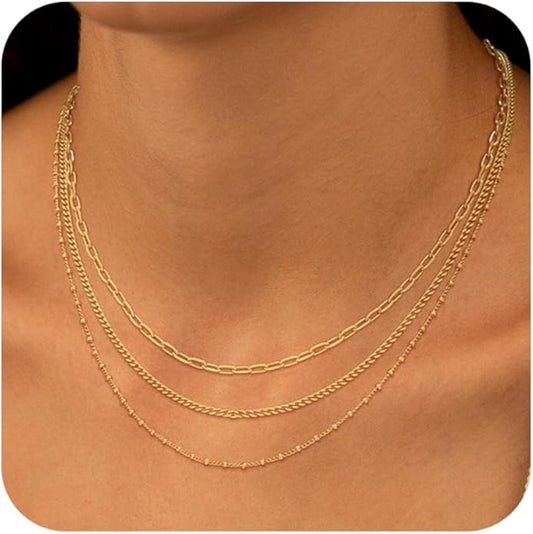 Gold/Silver Necklaces Stack For Women, 14K Gold/Sterling Silver Plated Layered Choker Necklace Set, Stackable Multilayer Simple Cuban Snake Paperclip Chain Set Jewelry Gift for Women
