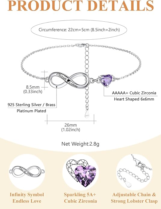 Custom4U Personalized Infinity Ankle Bracelets for Women 925 Sterling Silver Anklet Bracelet Endless Love Symbol Birthstone Charm Adjustable Foot Chain Jewelry Mothers Day Gifts for Mom Wife Women Her
