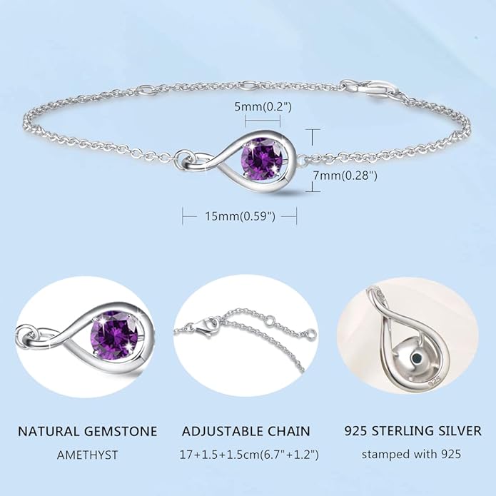 FANCIME Love Bracelet 925 Sterling Silver Infinity Birthstone Bracelets for Women Fine Jewelry Birthday Christmas Gifts for Her Mom Wife, Chain Length 6.7"+1.2" Extend