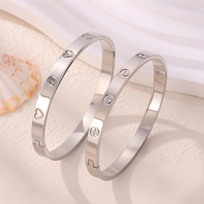Silver Bangles for Women - Stainless Steel Love & Friendship Bracelet Set with Gift Box | Daily Wear & Party Jewelry