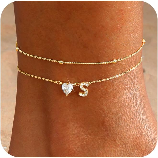 CAROVO Gold Ankle Bracelets for Women Waterproof 14K Real Gold Plated CZ Initial Anklet for Women Dainty Layered Letter A-Z Heart Ankle Bracelets Handmade Adjustable Anklet Summer Beach Jewelry