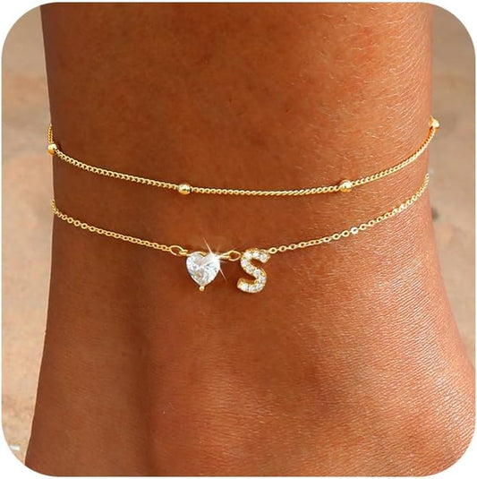 CAROVO Gold Ankle Bracelets for Women Waterproof 14K Real Gold Plated CZ Initial Anklet for Women Dainty Layered Letter A-Z Heart Ankle Bracelets Handmade Adjustable Anklet Summer Beach Jewelry