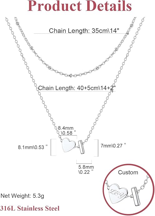 FOCALOOK Layered Initial Necklace for Women, 14K Gold Plated Choker Necklaces Stacks with Initial A-Z, Dainty Silver Heart Pendant Necklace Personalized Birthday Women Jewelry