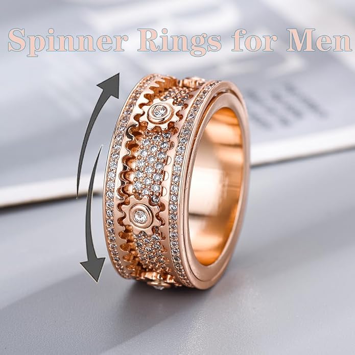 BEIBEINOYA Men's Spinner Ring for Anxiety - 14K Gold Plated Rotating Gear Ring with Moissanite, Kinetic Mechanical Jewelry, Stress Relief Fidget Ring for Men, Unique Gifts for Him