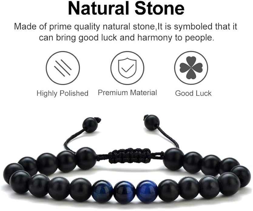 M MOOHAM Natural Stone Bracelets for Men - 8mm Tiger Eye, Matte Agate, Lava Rock - Teen Boys Gifts for Birthday, Anniversary, Christmas