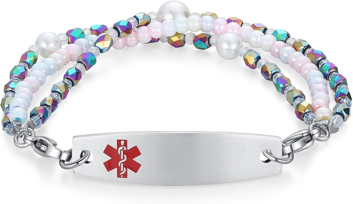 mnmoom 7.5 inch interchangeable Medical id bracelets for Women beads Medical alert bracelets with customize engraving