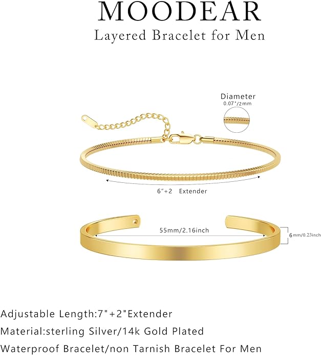 Moodear Stackable Bracelets for Men - Dainty 925 Sterling Silver/14K Gold Plated Cuff Snake Box Cuban Link Chain Bangle Bracelet Set Mens Jewelry