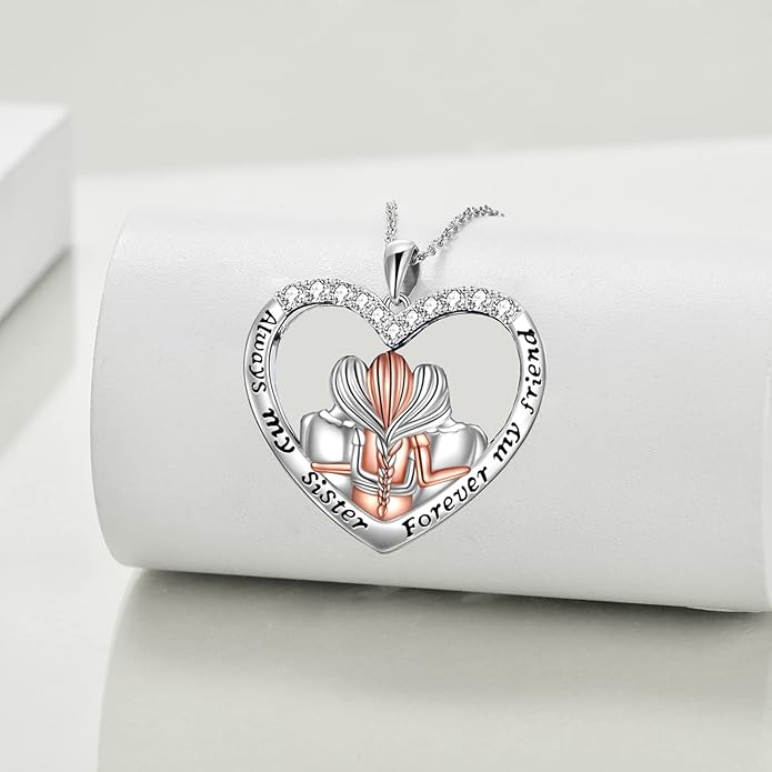 POPKIMI 925 Sterling Silver Sister Necklace - Birthday Gift for Sisters, Mom, Daughter - Always My Sister Forever My Friend Crystal Necklace for 2/3/4/5 Sisters