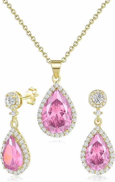 REASAYLL Jewelry Sets For Women 925 Sterling Silver Post Teardrop Dangle Stud Earrings Necklace Set Crystal Rhinestone Wedding Prom Costume Jewelry for Women