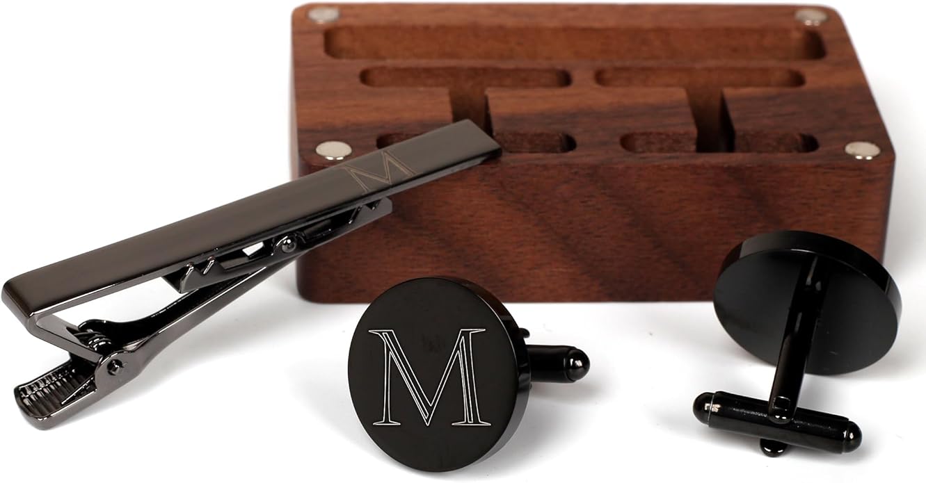 Mens Initial Cufflinks and Tie Clip A-Z Alphabet Letter Black Stainless Cuff Links Tie Bar with Engraved Walnut Wood Box Groom Groomsman Wedding Set