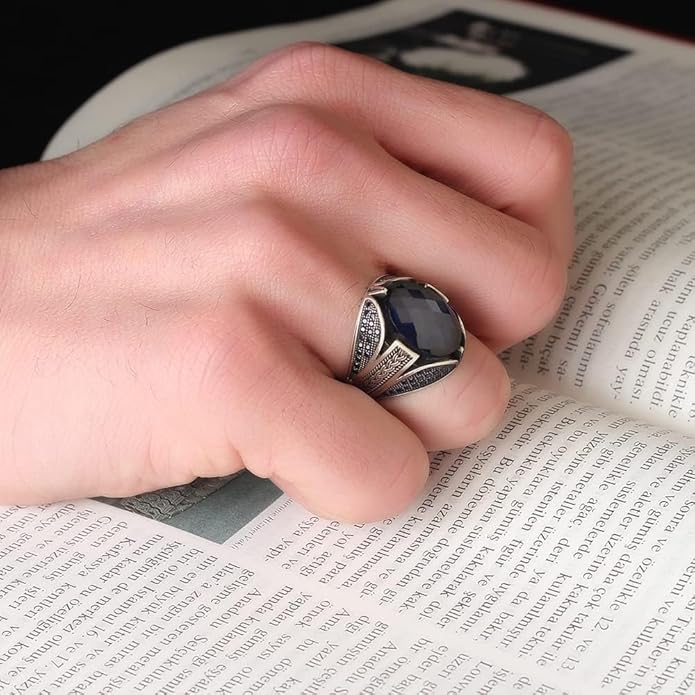 925 Sterling Silver Men Silver Ring with Sapphire GemStone, Handmade Engraved Silver Ring, Gift for him, Minimalist Silver Ring