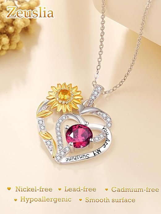 Zeuslia Double Birthstone Necklace Gifts for Wife - 925 Sterling Silver Sunflower/Rose/Crown Cross/Compass/Heart Pendant I Love You Necklace, Anniversary Birthday Gifts for Wife Girlfriend Mom Her