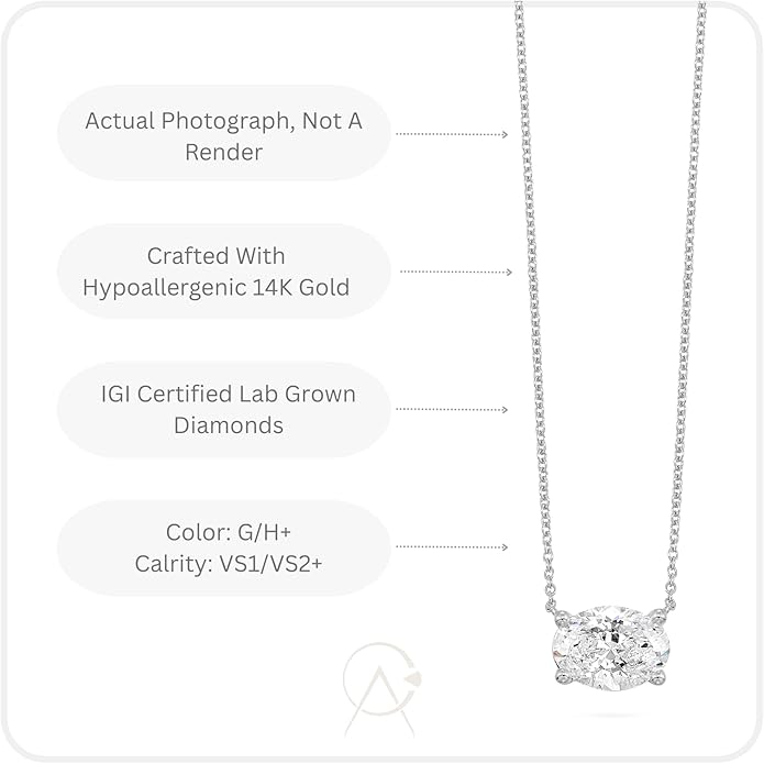 Carbon Atelier IGI Certified 1/3 to 3 Carat Oval Lab Grown Diamond Horizontal Solitaire Pendant Necklace for Women I 14k Gold Necklace (G-H, VS1-VS2, cttw) 16 to 18 Inch Long Adjustable Chain