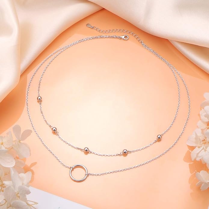 Layered Necklaces for Women S925 Sterling Silver Chokers Necklace for Women Circle/Heart/Double Circle/Cross/Star/Evil Eye Necklace Handmade Bead Necklaces Adjustable