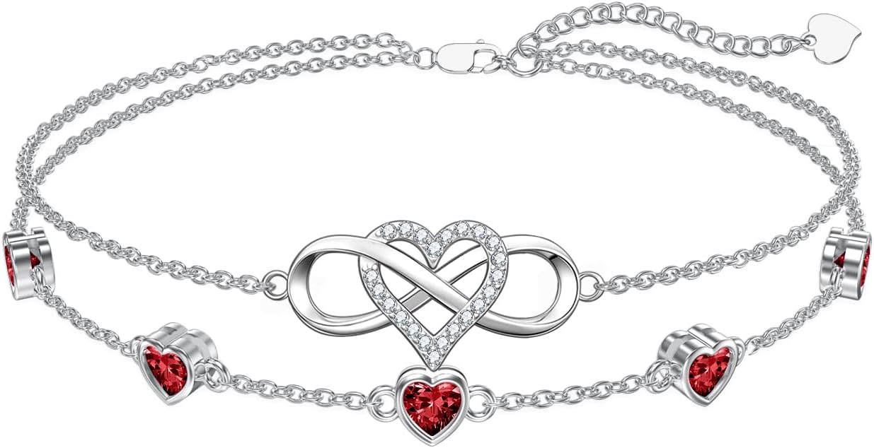 Dorunmo 925 Sterling Silver Infinity Heart Birthstone Anklet Bracelets for Women Best Mother's Day Birthday Jewelry for Wife Girlfriend Mom Her