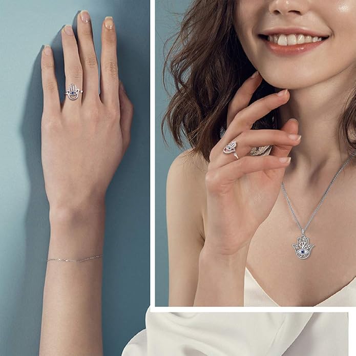 Evil Eye Necklace Evil Eye Hamsa Hand of Fatima Necklace 925 Sterling Silver Fine Jewelry Gifts for Womens White Blue CZ Third Eye Stud Earrings Turkish Eye Ring Hamsa Hand Jewelry Set Gifts Valentine Day Chrismtas Gifts