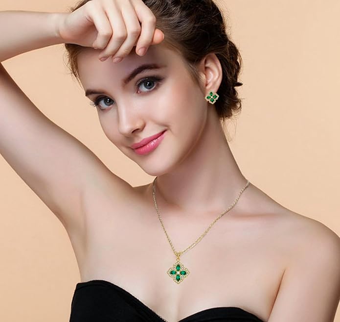 VONSSY Four Leaf Clover Necklace Earrings Shamrock Irish ST Patricks Jewelry Set Gift Green Emerald Zircon Crystal Stud 18k Gold Plated Chain Saint Pendant for Woman Wife Girlfriend