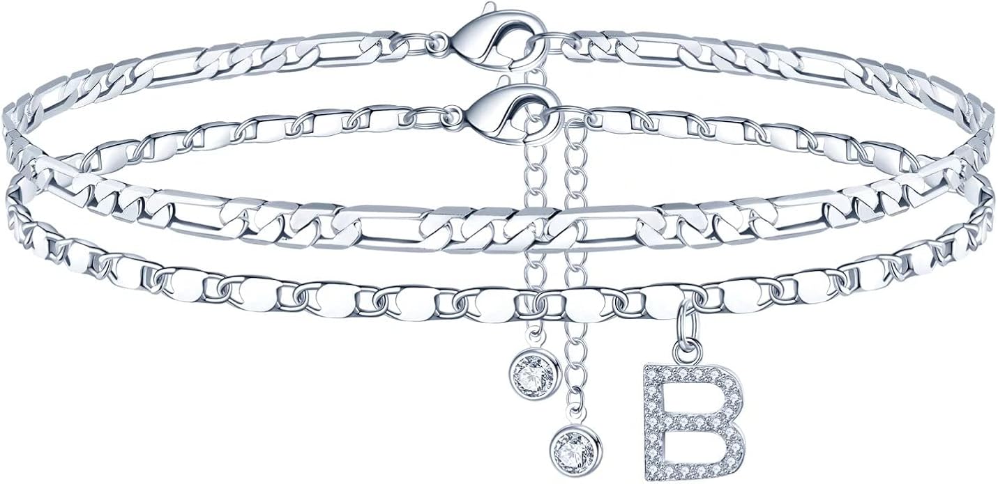 Ursteel Ankle Bracelets for Women, 14K-Gold-Plated Dainty Layered Chain CZ Initial Anklets Set Summer Jewelry Gifts for Women