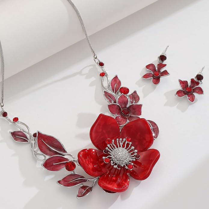 Chunky Statement Jewelry Set Vintage Retro Leaf Flower Floral Geometric Bohemian Boho Bib Necklace Earring Set Fashion Costume Jewelry for Women Girls Wedding Party Prom Unique Gift