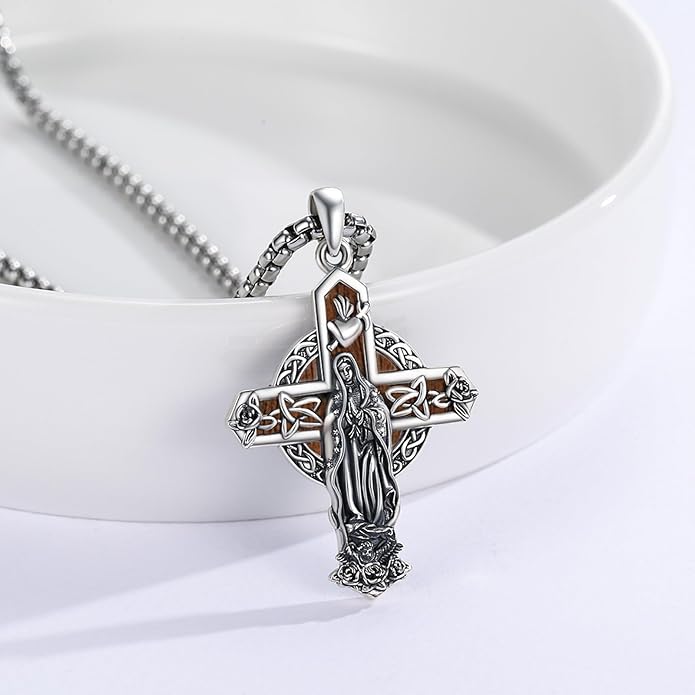 Midir&Etain Cross Necklace 925 Sterling Silver Celtic Christian Pendant Religious Protection Jewelry for Women Men