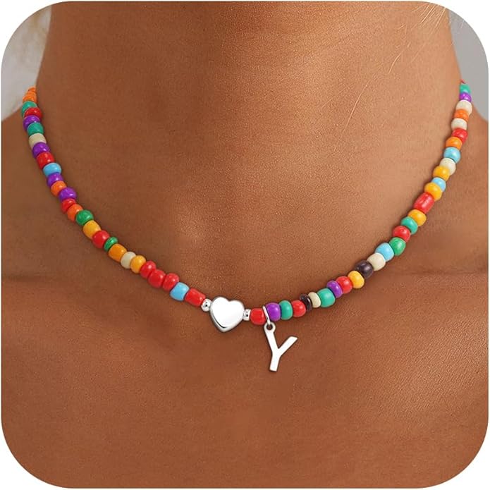Colorful Initial Necklaces for Girls Women Kids - Teen Girls Gifts Trendy Stuff Beaded Initial Necklace Dainty Letter Choker Necklace for Girl Gifts Jewelry