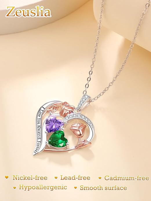 Zeuslia Double Birthstone Necklace Gifts for Wife - 925 Sterling Silver Sunflower/Rose/Crown Cross/Compass/Heart Pendant I Love You Necklace, Anniversary Birthday Gifts for Wife Girlfriend Mom Her
