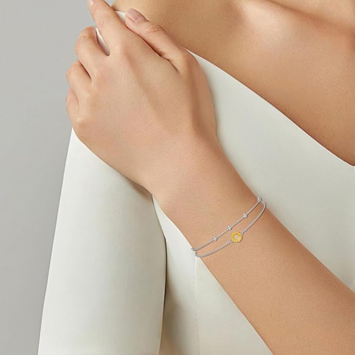 Diamond Sunflower Bracelet 925 Sterling Silver Sunflower Bracelet Gift for Women Mom Wife,7"+2"