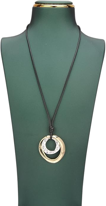 Long Boho Necklaces for Women Vintage Leather Wooden Pendant Y Choker Ethnic Style Gold Circle Hippie Sweater Necklace