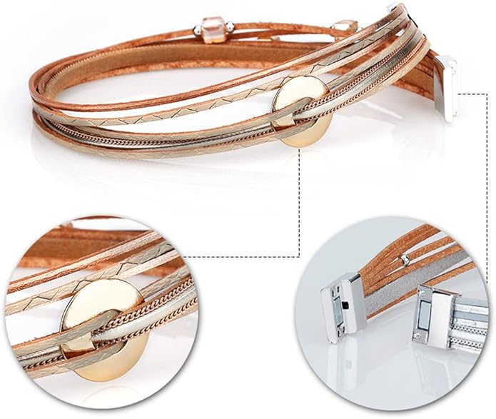 Fesciory Leather Wrap Bracelets for Women, Boho Leopard Multi-Layer Crystal Beads Cuff Bracelet Jewelry